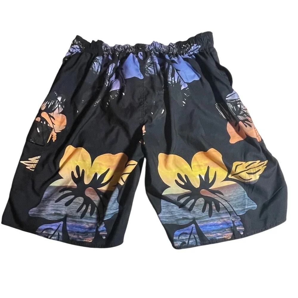 American Crown Mens Wisconsin Tropical Sunset Board Shorts Black 2XL Swim Trunks